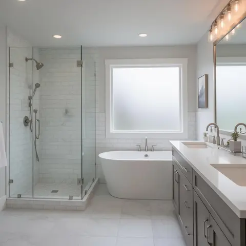 Modern bathroom remodel with walk-in glass shower, soaking tub and double vanity in Estacada, Oregon