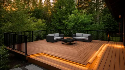 Custom composite deck with black metal railings and integrated lighting in a wooded Estacada, Oregon backyard