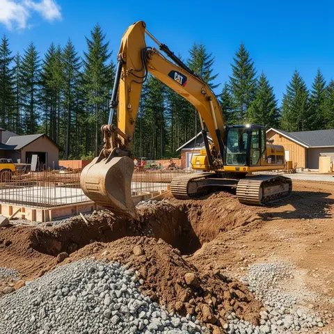 Yellow excavator digging foundation trench at a new home site near Estacada, Oregon