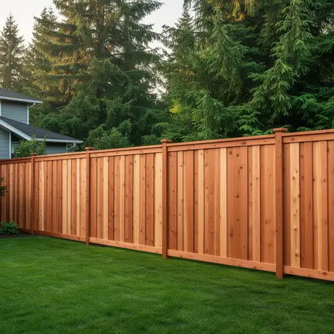 Custom cedar privacy fence beside an Oregon backyard with evergreen trees in Estacada