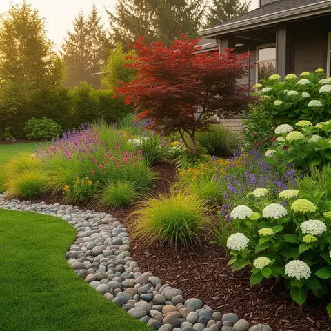 Landscaped front yard garden with Japanese maple, hydrangeas and river rock edging in Estacada, Oregon