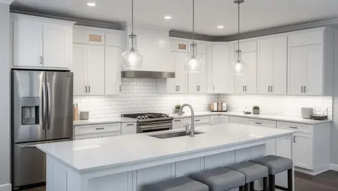 Custom remodeled kitchen with white cabinets, quartz island and pendant lighting in Estacada, Oregon