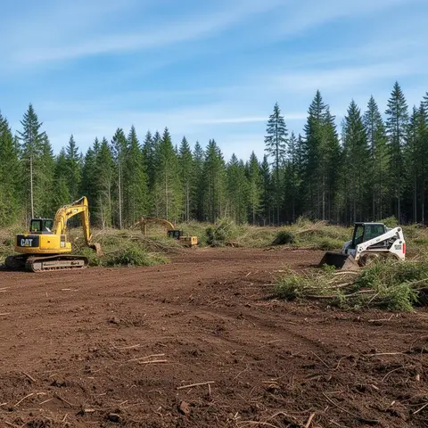 Excavator and skid steer clearing rural land for new construction near Estacada, Oregon