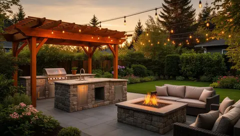 Backyard outdoor living space with pergola, outdoor kitchen, fire pit and string lights in Estacada, Oregon